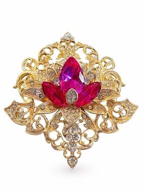 Vintage Style Gold Tone Filigree Brooch‎ Pink Crystal Statement Brooch
